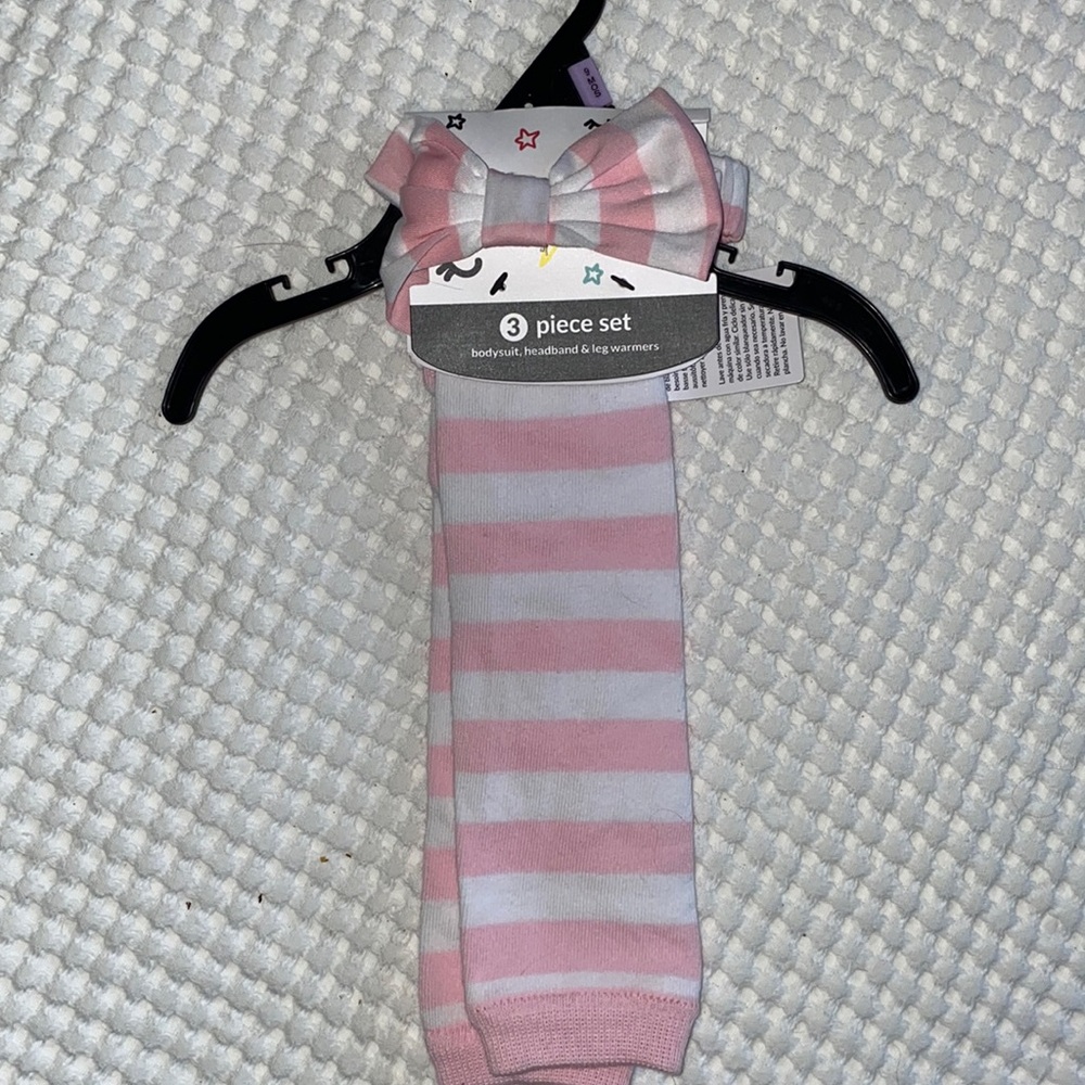 Pink & white striped leg warmers/bow set